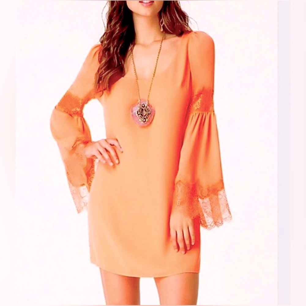 BEBE - coral bell sleeve dress with lace detail